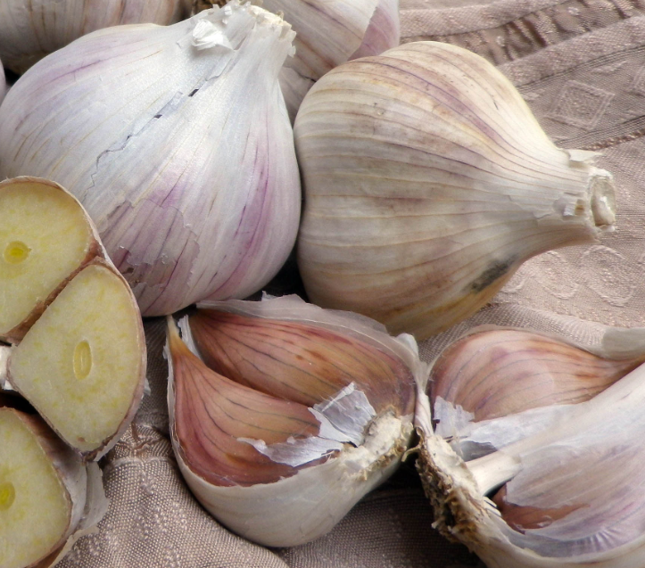 reddish brown garlic bulbs, garlic cloves broken in front, and cut open garlic bulb to show cross section